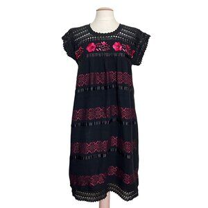 Ethnic Floral Embroidered‎ Dress Small Black Pink Floral Crochet Boho Hippie